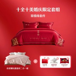 水星家纺 婚庆十件套结婚婚房子母喜被婚被大红轻奢中式大红色绣花