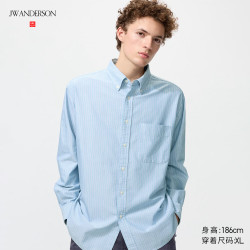 优衣库 484904 牛津纺宽松条纹长袖衬衫 湖蓝色 XL