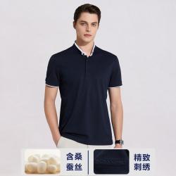 博斯绅威 BOSSSUNWEN 夏季新品商务通勤透气百搭精致刺绣拼色立领短袖T恤