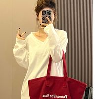 秋季新款韩版休闲简约百搭长袖T恤女V领宽松大码上衣潮#9925