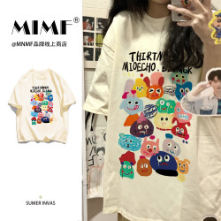 mnmf日系趣味涂鸦怪兽印花宽松圆领学生纯棉短袖T恤女上衣#T3256