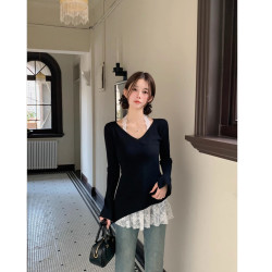 春季2026新款辣妹慵懒风蕾丝挂脖V领不规则黑色薄款T恤衫女真两件