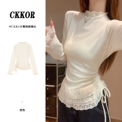 CKKOR春秋新款德绒百搭打底衫女内搭韩版高级感显瘦蕾丝长袖上衣