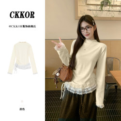 CKKOR纯色半高领双面德绒打底衫女秋冬新款拼接蕾丝边修身长袖t恤