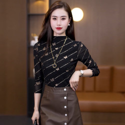 半高领网纱打底衫女内搭春季洋气烫钻性感纱衣修身显瘦t蕾丝上衣