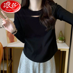 浪莎 胖MM女装2025弧形遮肚白色t恤宽松大码韩版纯欲风镂空上衣潮