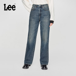 Lee 新款春夏舒适直脚拖地复古撞色猫须牛仔裤