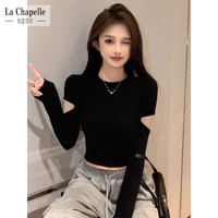 拉夏贝尔 螺纹黑色半高领打底衫女春秋内搭针织短款长袖t