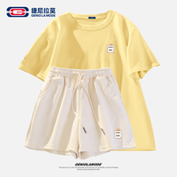 GENIOLAMODE 时尚套装纯棉短袖t恤女运动风少女针织五分裤两件套休闲风度假风