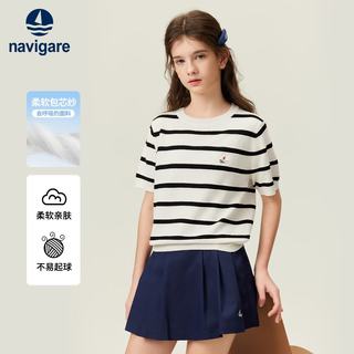 NAVIGARE 纳维凯尔 女童针织短袖T恤 黑白条 120cm