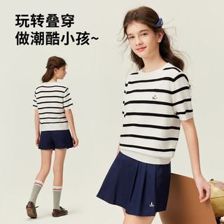 NAVIGARE 纳维凯尔 女童针织短袖T恤 黑白条 120cm
