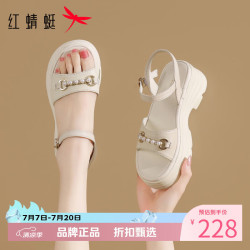 红蜻蜓 女鞋休闲羊皮革凉鞋 夏季一字带串珠凉鞋百搭优雅女士沙滩凉鞋子