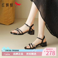 红蜻蜓 女鞋休闲水钻编织凉鞋 夏季方头一字带凉鞋粗跟优雅百搭女士凉鞋