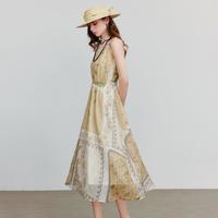 初语 唯品夏复古印花莱赛尔连衣裙女贝壳装饰吊带裙