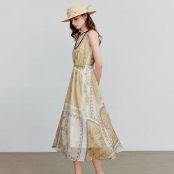 初语 唯品夏复古印花莱赛尔连衣裙女贝壳装饰吊带裙