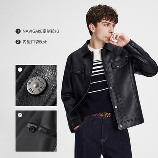 纳维凯尔 男士翻领短款皮夹克 暗夜黑 L