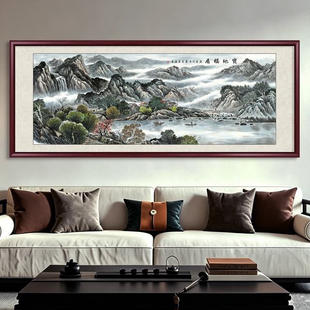 墨绰宝地福居山水画靠山图客厅装饰画办公室挂画沙发背景墙画茶室壁画