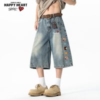 移动端：CHARLES JANG'S HAPPY HEART 复古印花牛仔七分裤男女款夏季2026新款美式宽松7分裤
