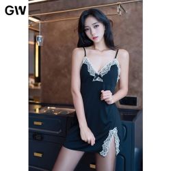 性感微胖mm 纯欲蕾丝V领吊带睡裙 法式开叉大码裙子