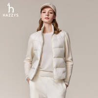 移动端：哈吉斯 羽绒服女秋冬休闲通勤保暖立领鹅绒轻薄毛织拼接外套