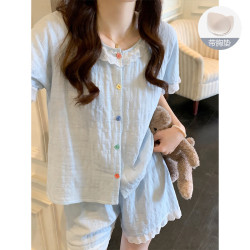 另约 甜美公主风睡衣女款夏天云朵棉带胸垫短袖少女套装薄款家居服外穿 蓝色  M