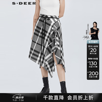 S.DEER 夏季圣迪奥女装复古格纹撞色收腰不规则长裙S21281112 中灰