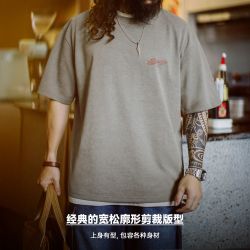 马登 男士短袖T恤 机车后背印花水洗做旧灰绿宽松廓形