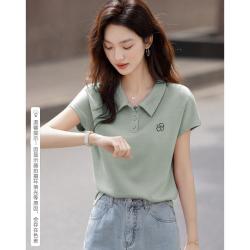 德玛纳 夏季智感小飞袖Polo领打底衫花朵刺绣女式t恤