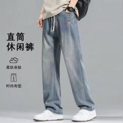 马克华菲 夏季薄款美式高街系绳男士牛仔裤弹力褶皱直筒裤男