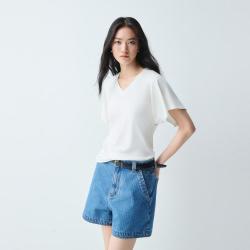 太平鸟 26年夏季新款V领短袖T恤蝙蝠袖收腰松弛感上衣女