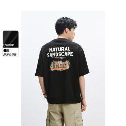 太平鸟 男装夏季款重磅纯棉刺绣短袖后背印花男式T恤