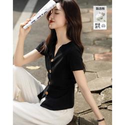 德玛纳 夏季韩系棉氨V领短袖开叉装饰扣显瘦藏肉t恤女高级