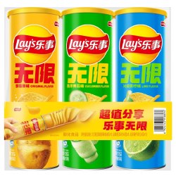 乐事 无限 薯片组合装 3口味 104g*3罐（翡翠黄瓜味104g+忠于原味104g+青柠味104g）