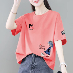 100%纯棉短袖t恤女2025夏季新款韩版宽松洋气印花减龄圆领上衣女