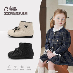 奇诺鼠 春季幼儿女童时尚百搭质感舒适软底学步鞋加绒短靴090072