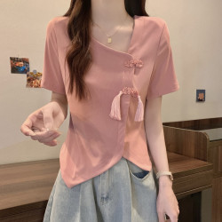 盘扣短袖t恤女夏季新款大码微胖MM遮肉显瘦设计感不规则小众上衣