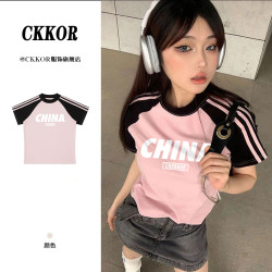 CKKOR春夏季插肩上衣辣妹短款显瘦时尚小众百搭韩圆领修身设计感