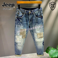 JEEP SPIRIT Jeep吉普时尚男装 潮流复古牛仔裤男款修身小脚裤刺绣补丁机能裤