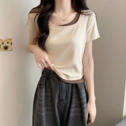 假两件短袖正肩t恤女夏季修身百搭显瘦上衣小众新款设计感打底衫