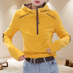 德绒保暖百搭2026秋季连帽半拉链打底衫女休闲气质拼接显瘦上衣