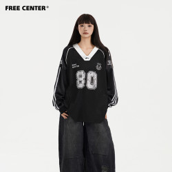 FreeCenter美式运动透气球衣长袖T恤速干宽松新款黑色条纹上衣V领