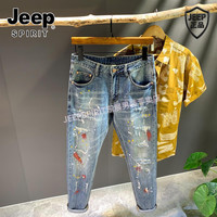 JEEP SPIRIT JEEP吉普时尚男装 涂鸦破洞牛仔裤复古水洗修身裤潮流百搭休闲裤
