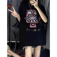 纯棉夏季宽松洋气女款2026大码黑色新款显瘦短袖T恤上衣小怪兽百