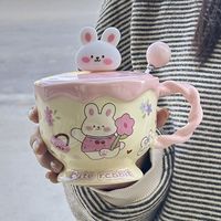 卡通小兔马克杯带盖勺可爱陶瓷杯子大容量情侣水杯女生早餐杯NNL