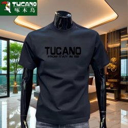 啄木鸟 t恤短袖男士夏季聚酯混纺圆领硅胶印花运动宽松索罗娜半袖