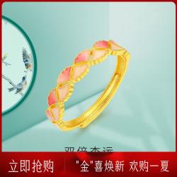 六桂福 古法足金999银杏叶珐琅戒指