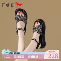 红蜻蜓 女鞋休闲运动蝴蝶结凉鞋 夏季轻便雪糕厚底罗马凉鞋女士沙滩凉鞋