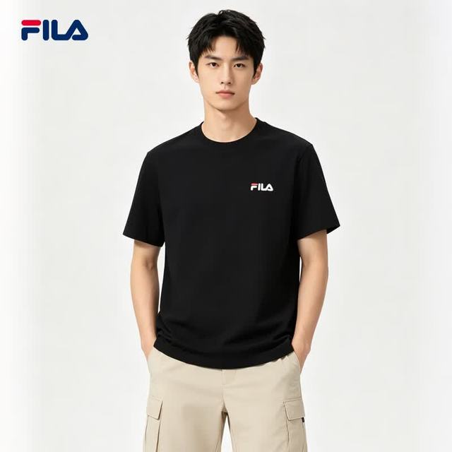 FILA 拼色小标纯棉混纺 简约休闲百搭短袖T恤 黑色M