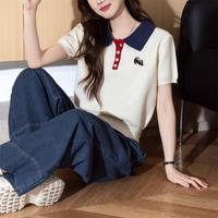 唐狮 2026女学院风简约撞色翻领小刺绣套头针织短袖针织撞色学院风