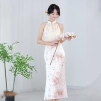 尘记 莺月仙-新中式改良旗袍挂脖露肩仙女风鱼尾连衣裙